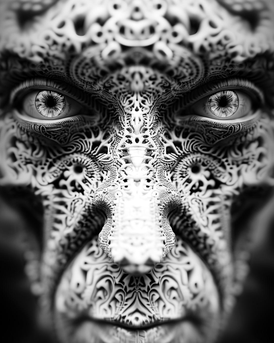 Creature intricate patterns and intense eyes, monochrome tones