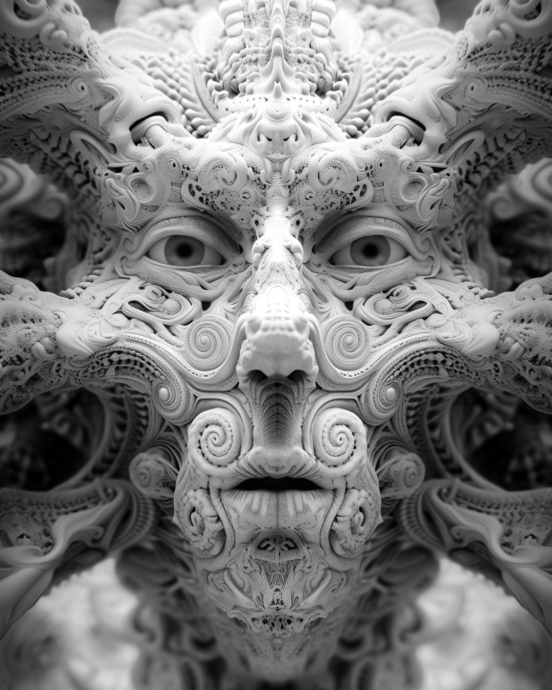 Symmetrical face, swirling patterns, monochrome