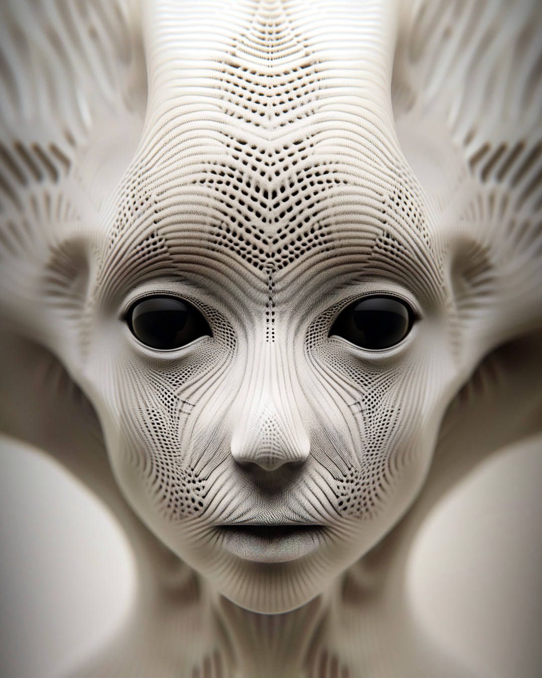 Portrait of an alien, symmetrical patterns, white porcelain skin