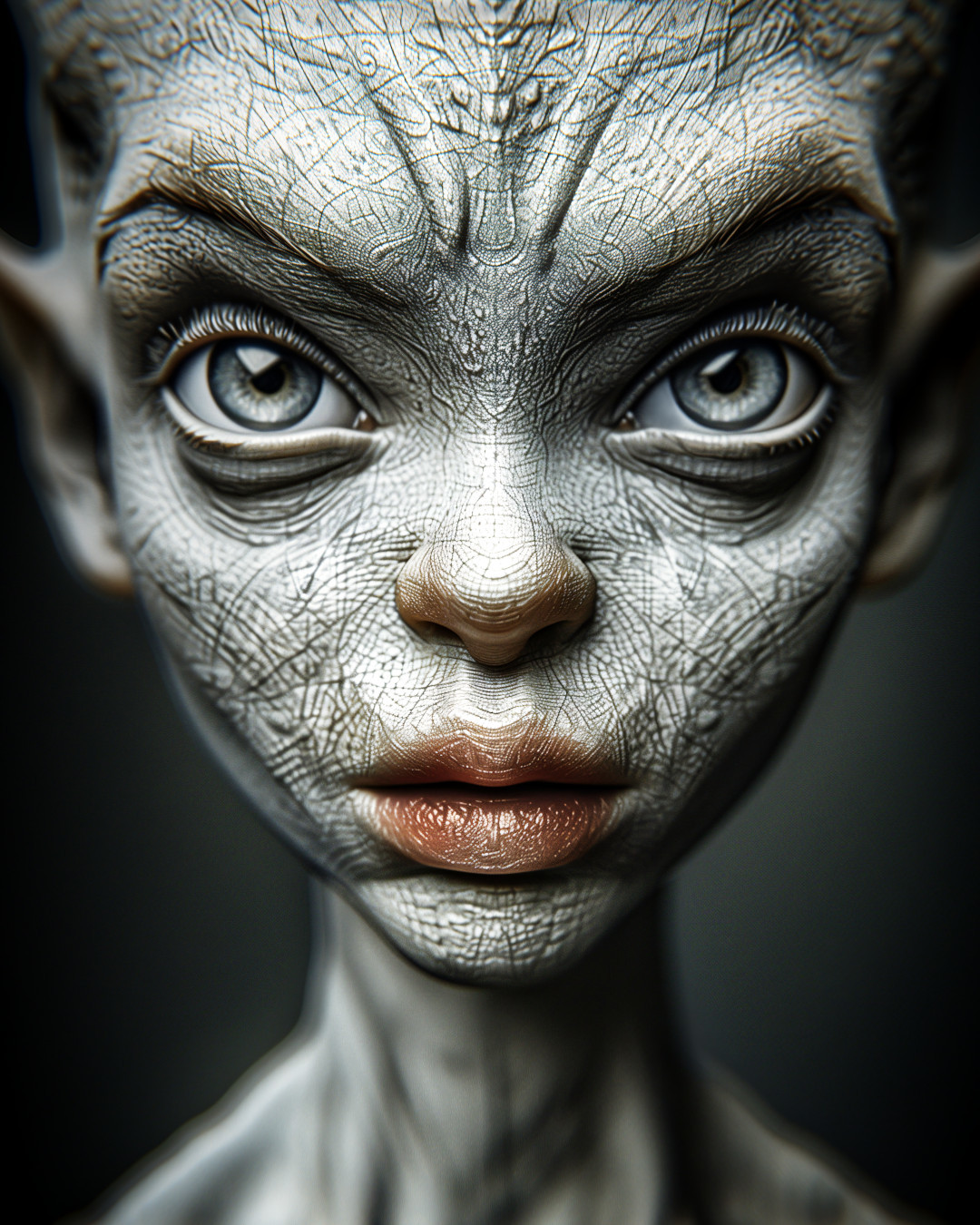 Portrait of an alien, gray skin, studio photo shoot