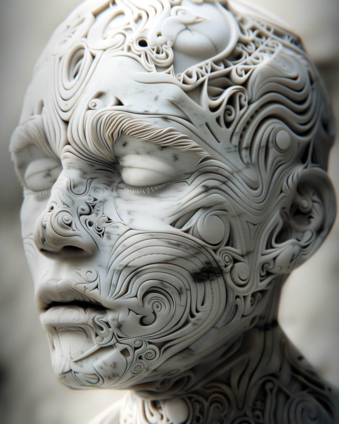 Man's head, swirling patterns carved, white marble