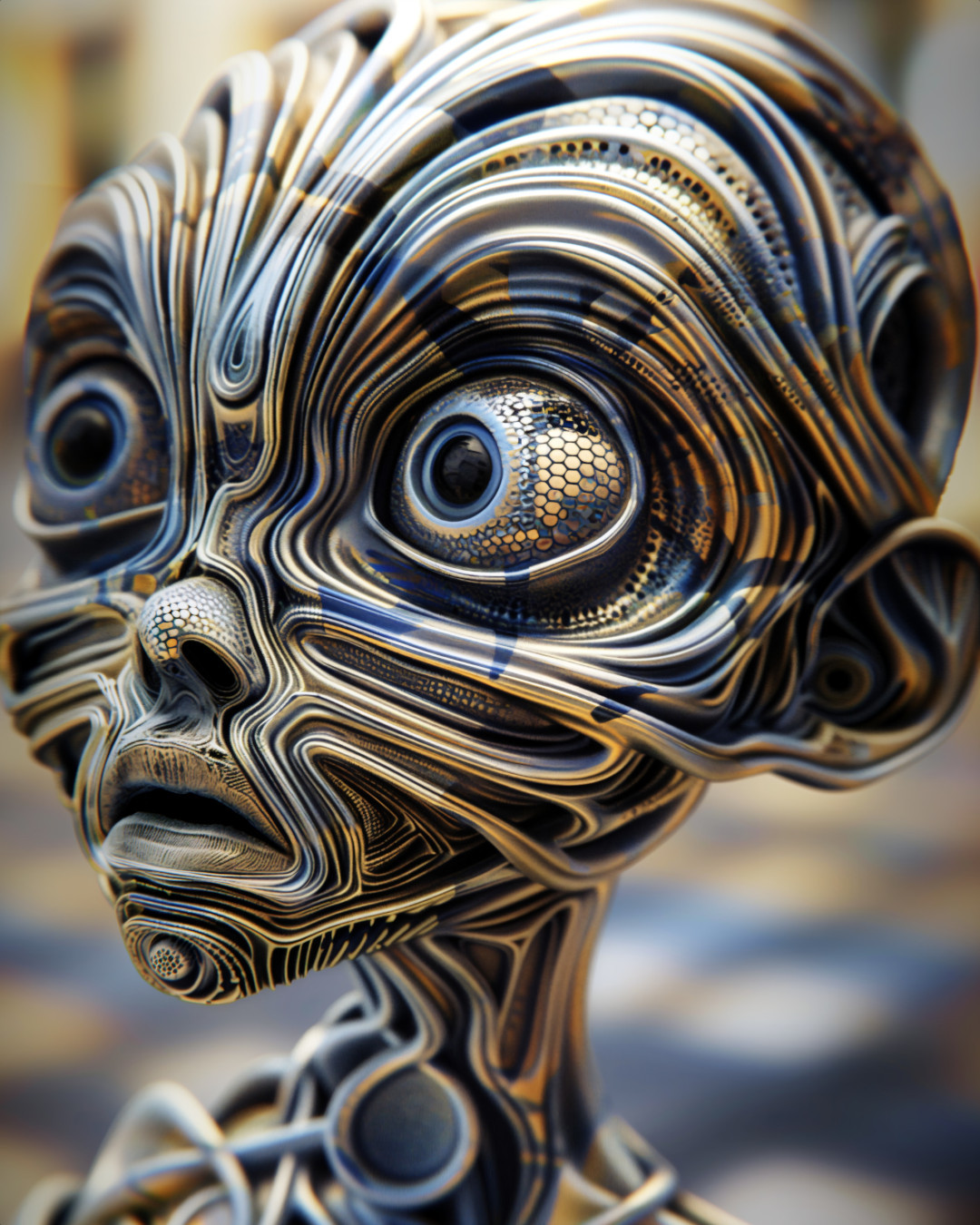 Creature's head, organic patterns, made of shiny metal