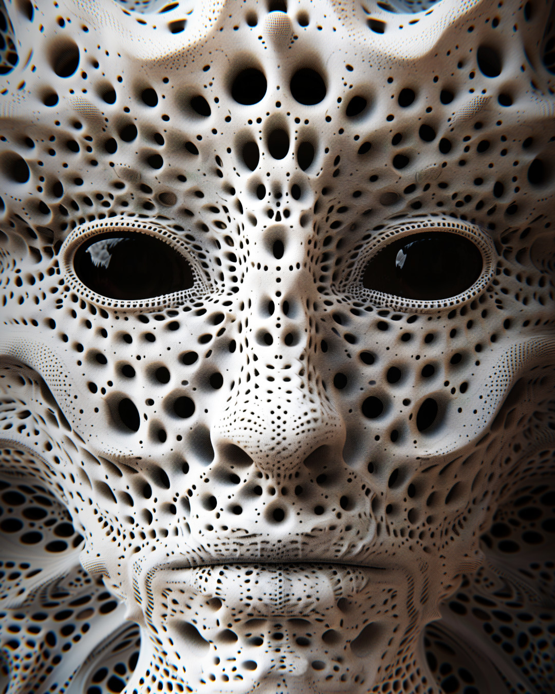 Face with holes, extreme close-up, symmetrical composition