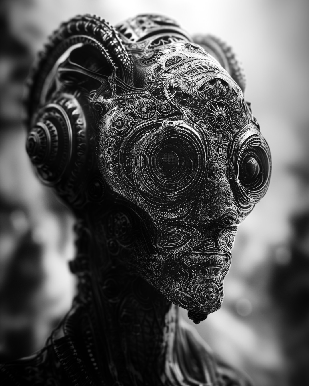 Humanoid robot, intricate detailing, black and white realism