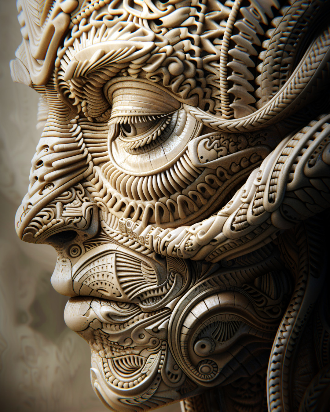Alien face, hyperrealistic details, wooden sculpture