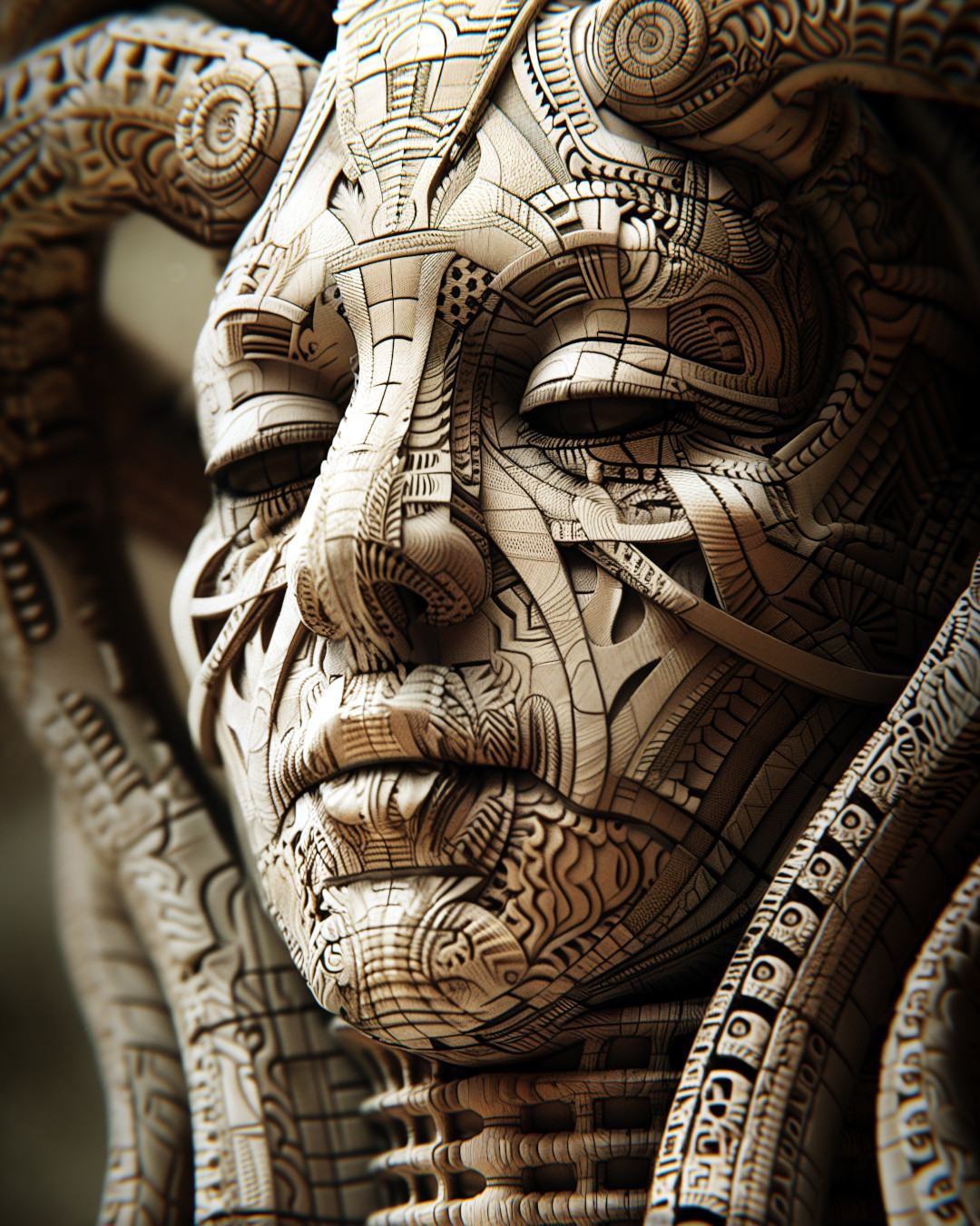 Intricate wooden sculpture, geometric patterns, shades of brown