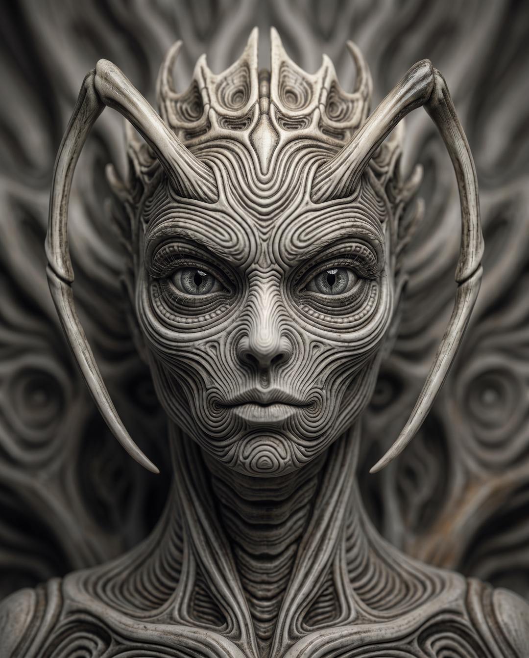 Sculptural, symmetrical portraits of otherworldly beings