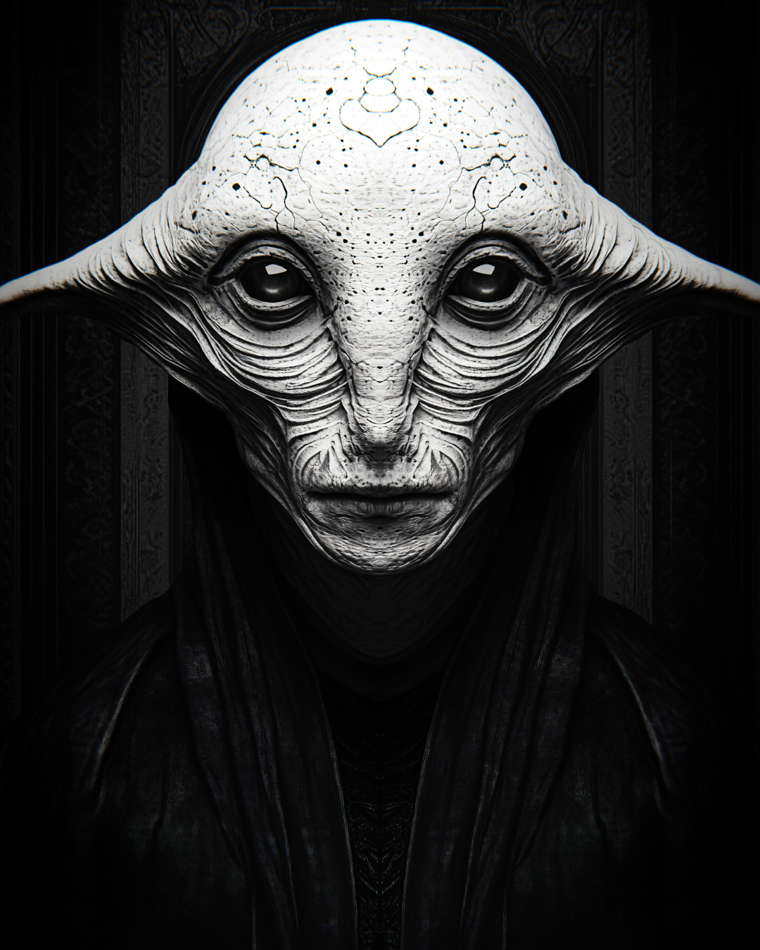 Alien deity; large eyes and big ears; white and black colors