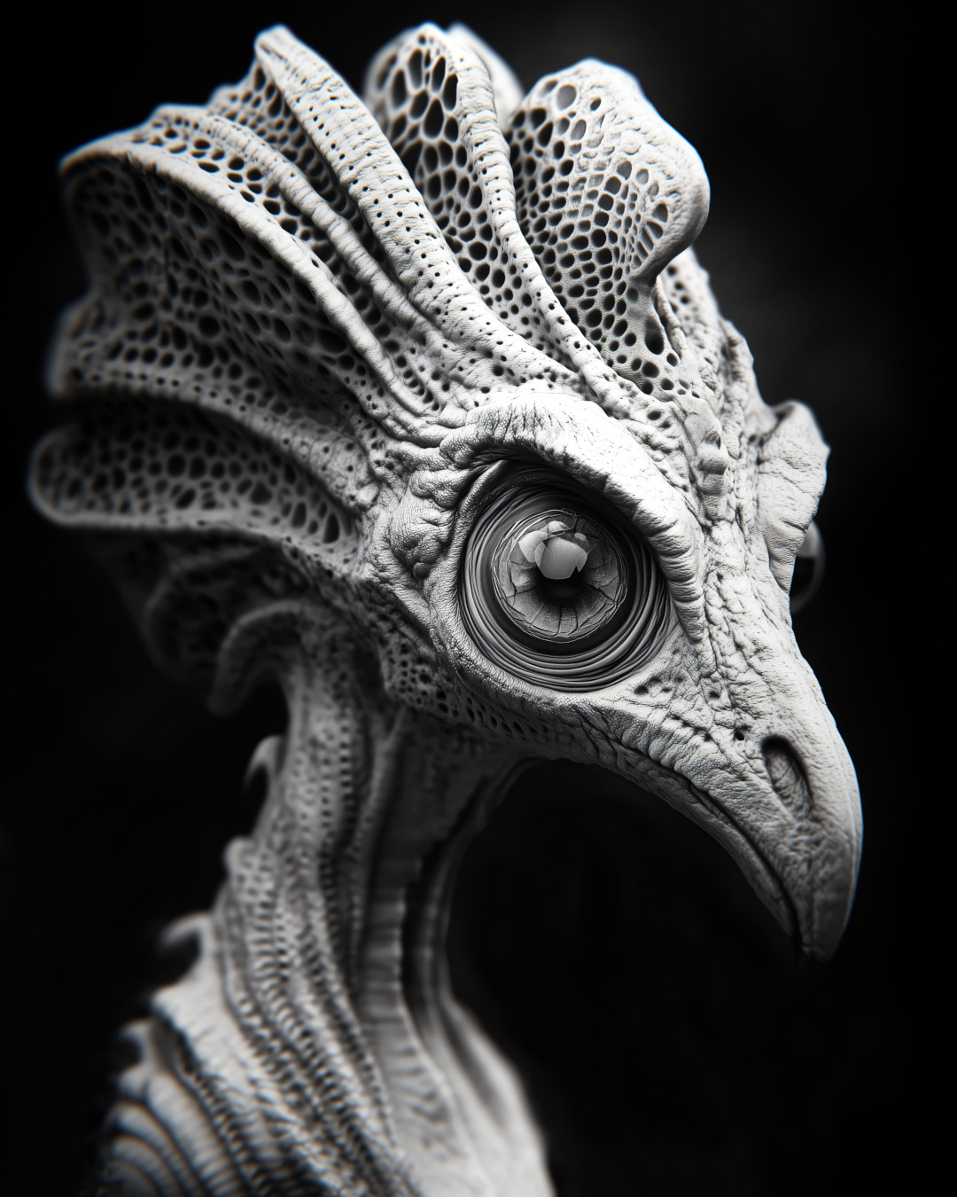 Alien creature; intricate patterns; monochrome