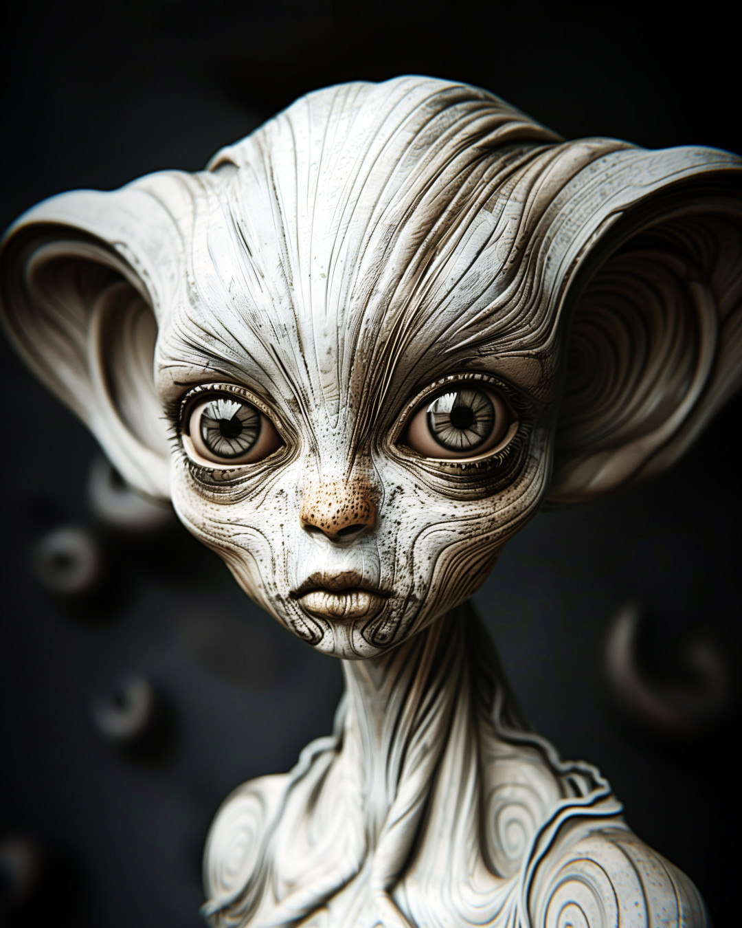 
      Cute alien creature, large eyes and big ears, studio photography