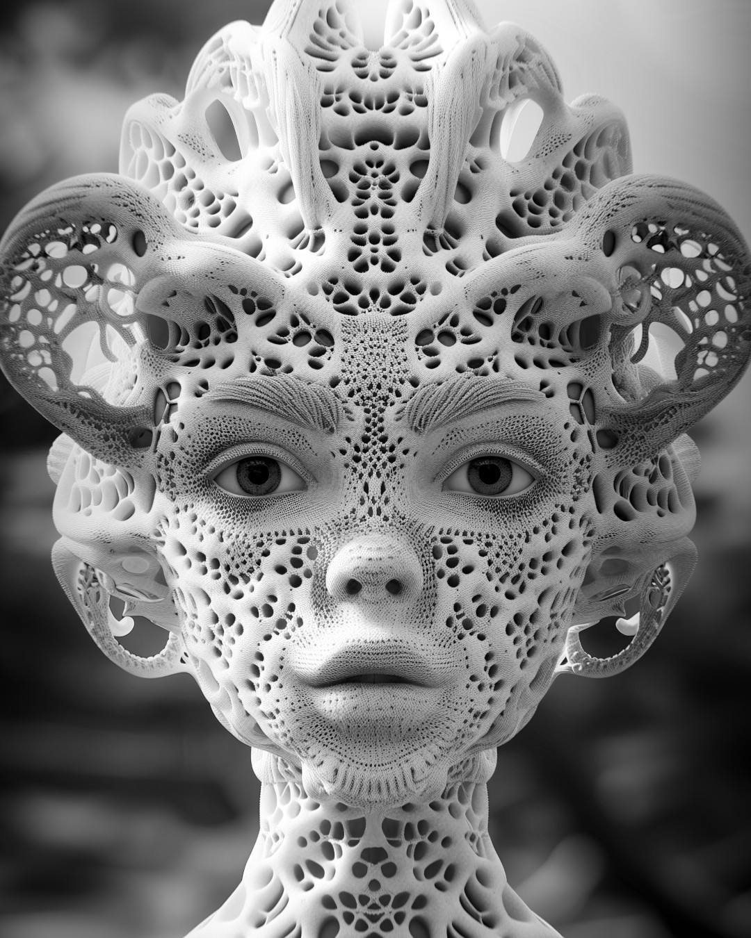 
      Alien girl, symmetrical composition, monochrome