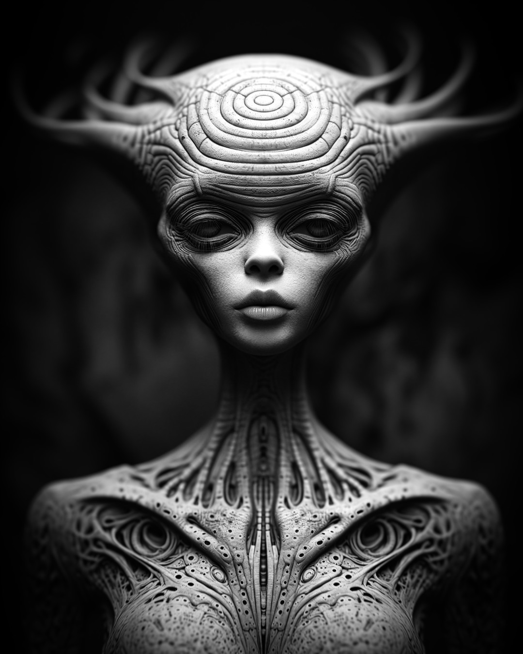 Alien woman with horns, hyper-detailed portrait, black and white photo