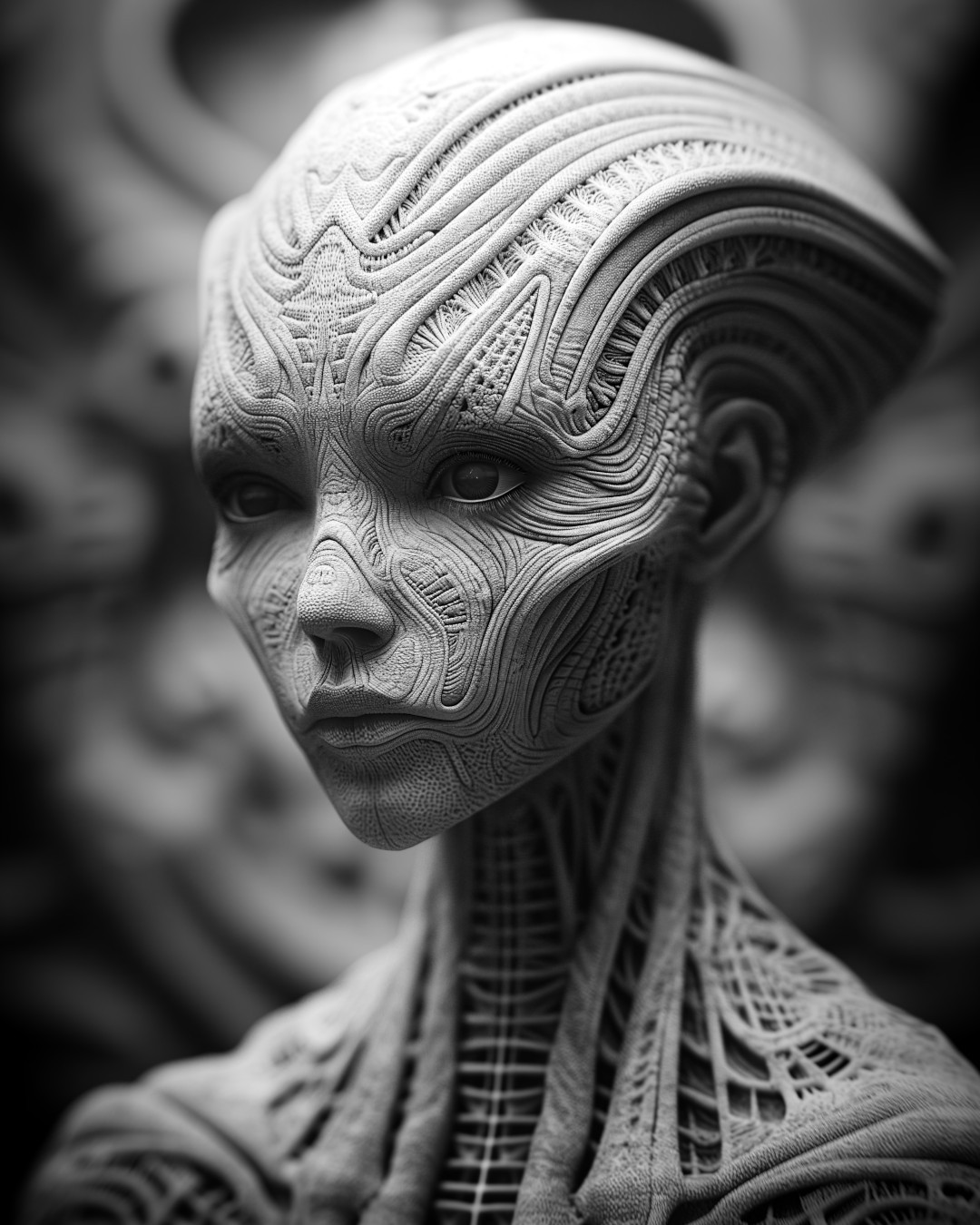 Female alien, hyper-detailed portrait, black and white