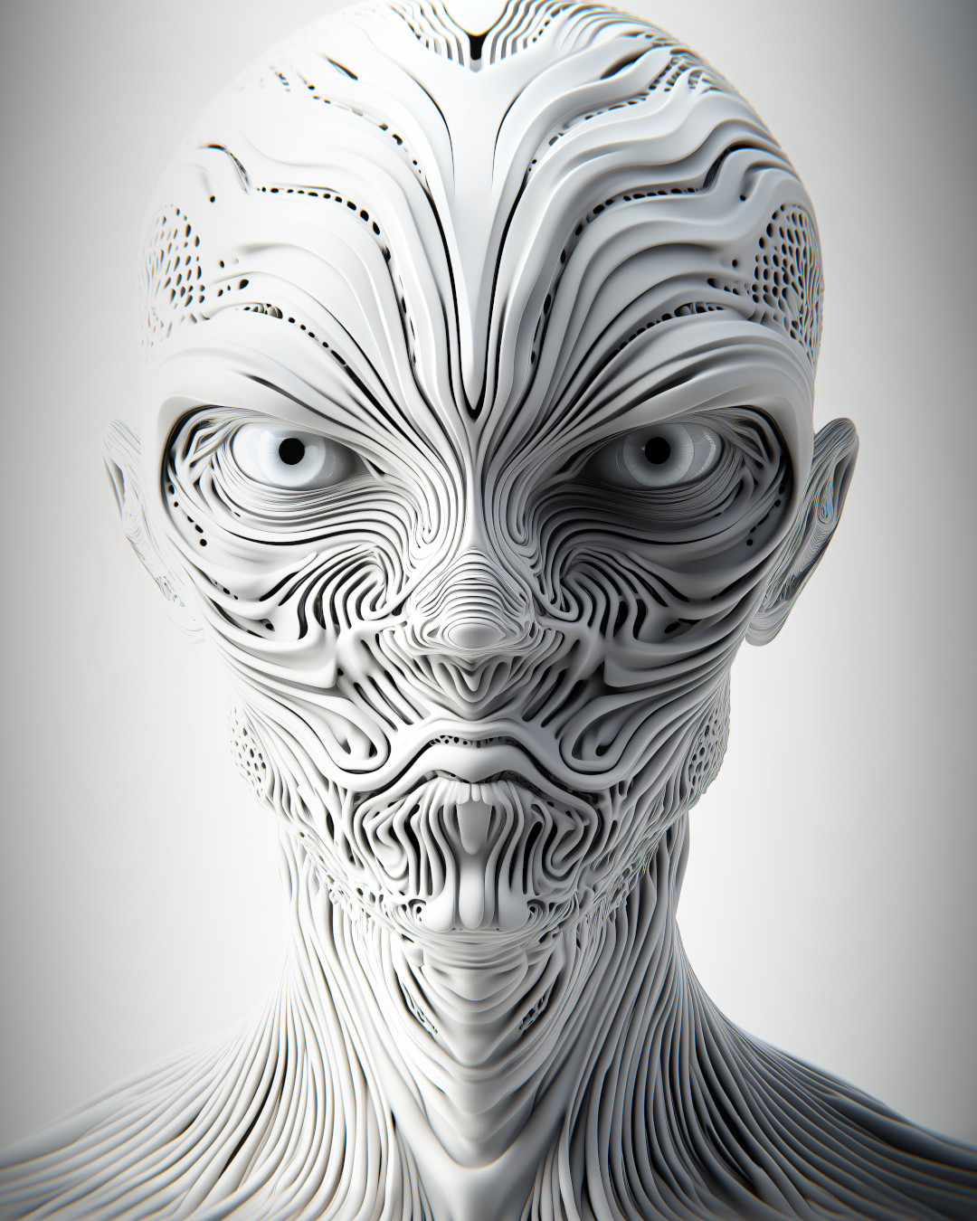 An alien with white skin; geometric swirls; symmetrical composition