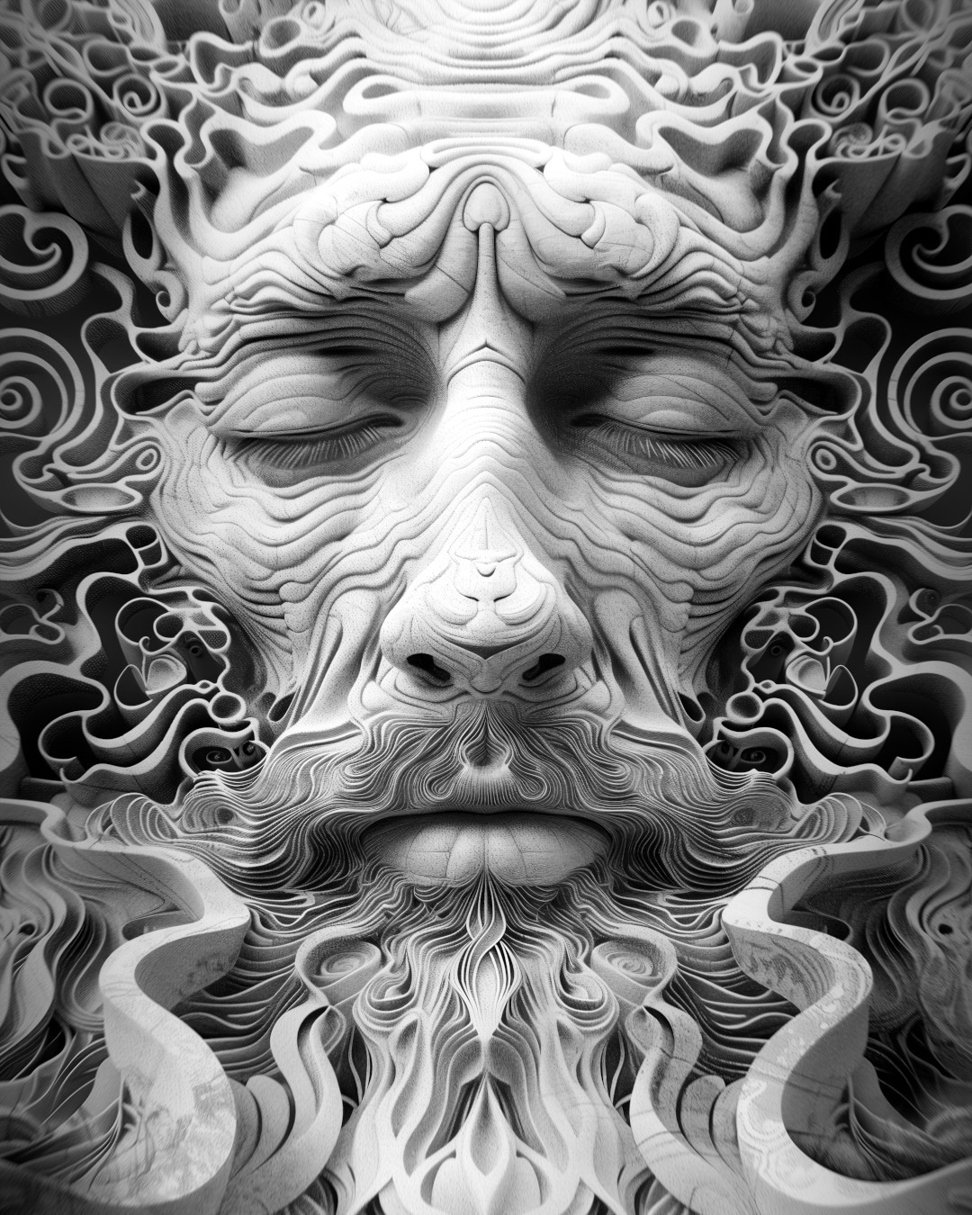 Old man's face with long beard, swirling patterns, grayscale