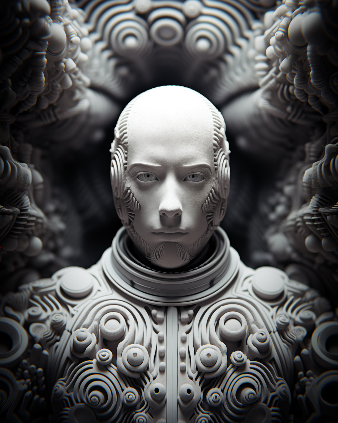 Futuristic astronaut, cybernetic sci-fi, geometric details, dark white and silver