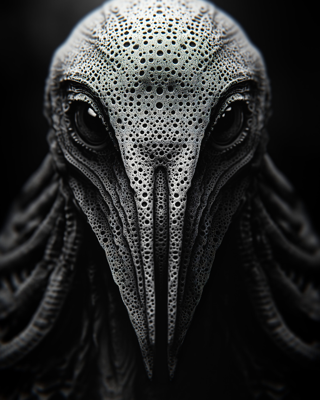 Head and beak of an alien creature; symmetrical; monochrome