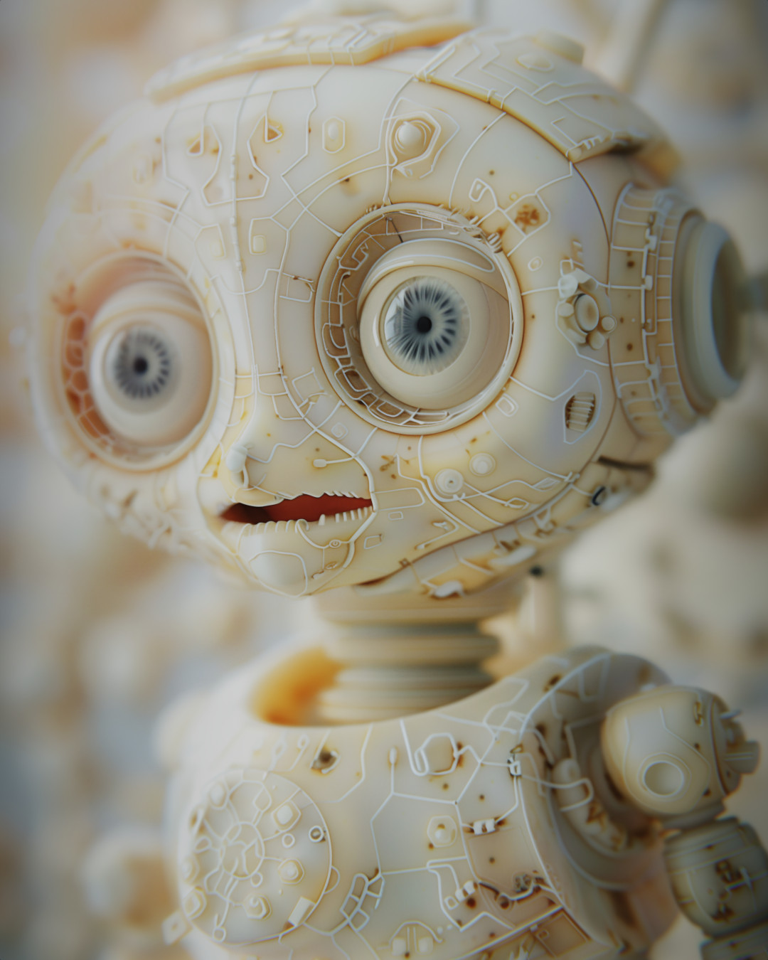 Robot with shiny eyes, light beige and orange