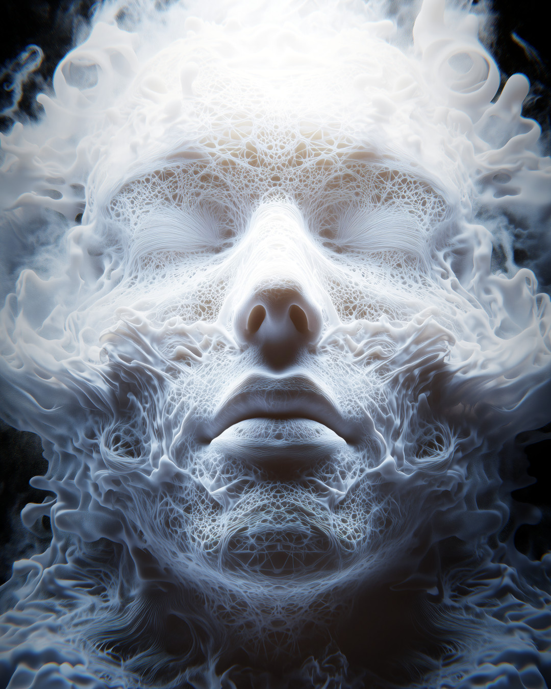 Portrait of a face; white smoke and fog; soft lighting