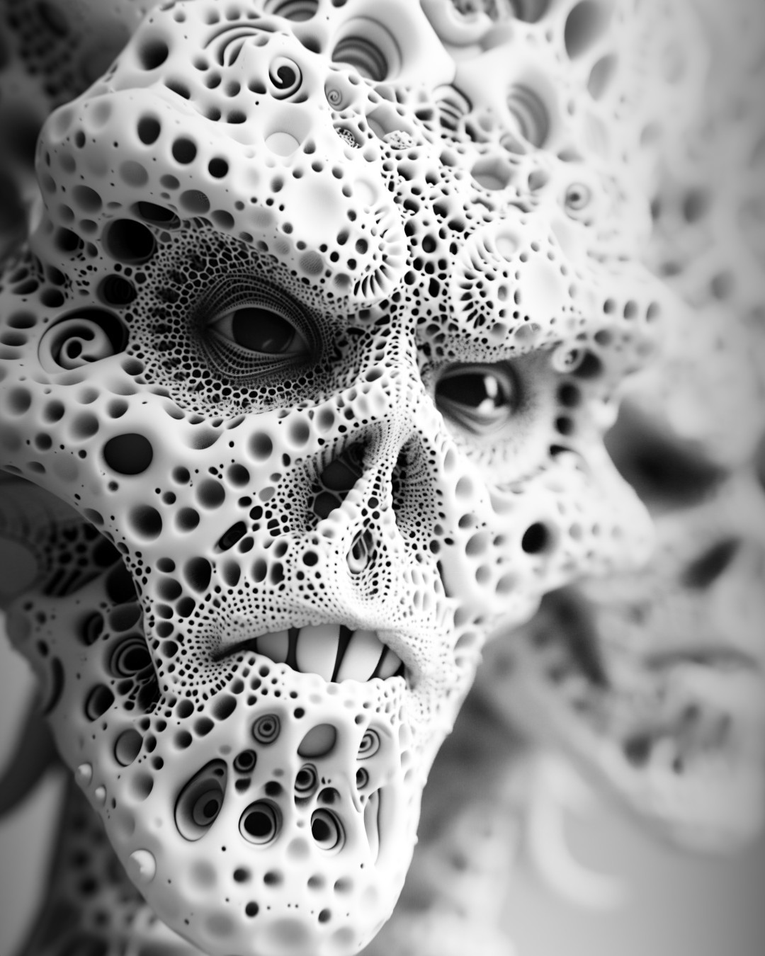 
      Fractal face, skin texture with many holes, black & white