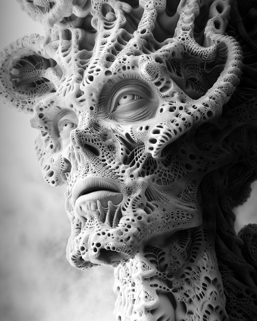 Otherworldly skull, cellular formations, monochrome portrait
