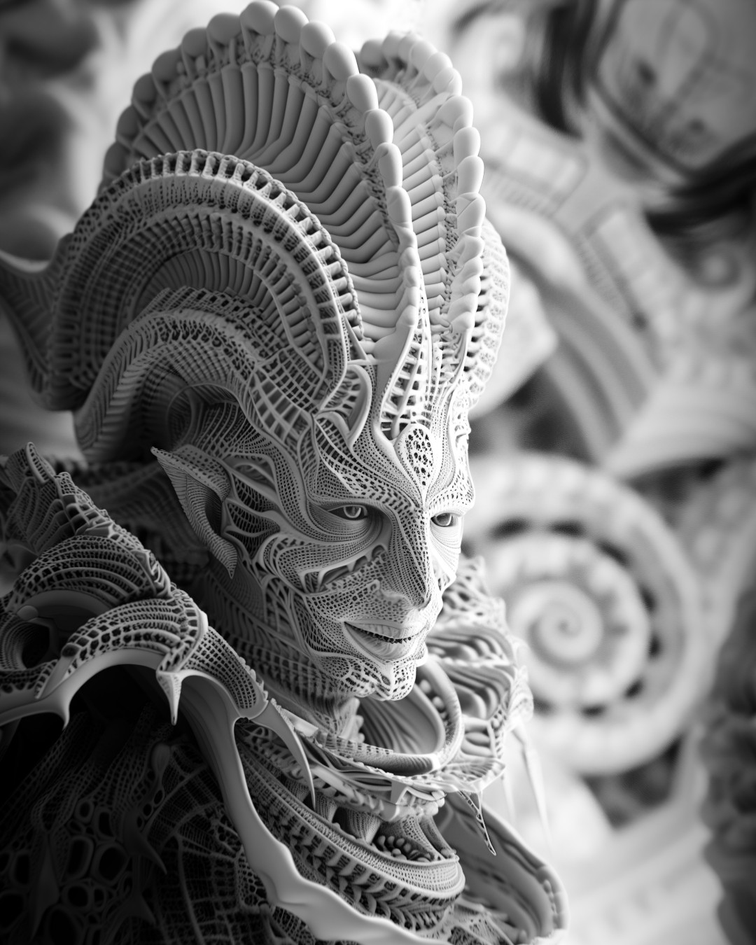 Alien warrior; intricately detailed; black and white