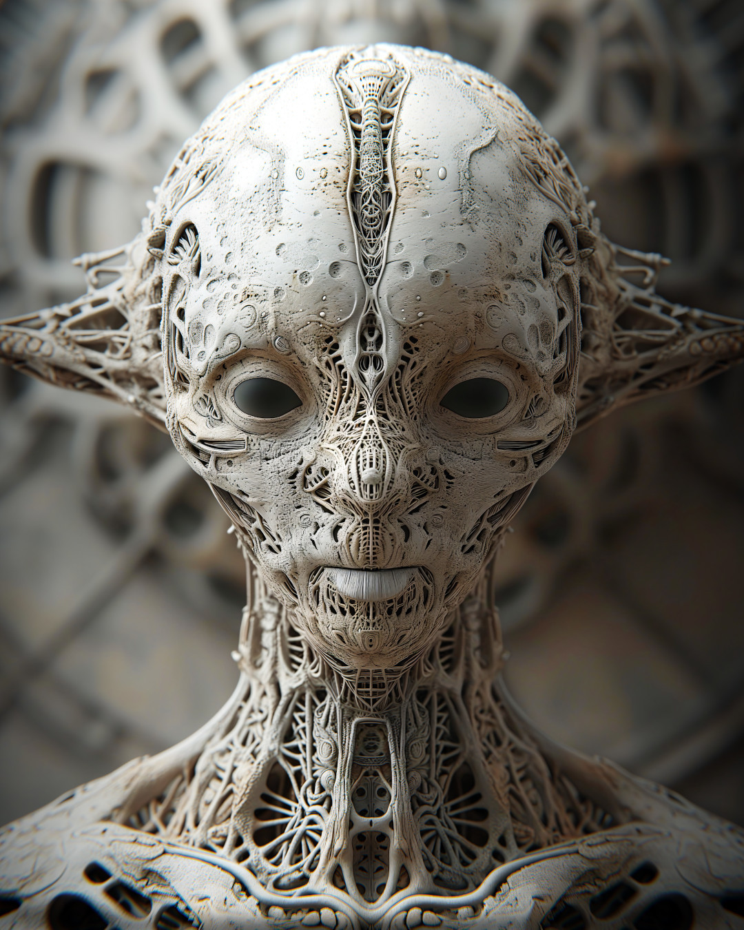 Curious alien, intricate textures, muted tones