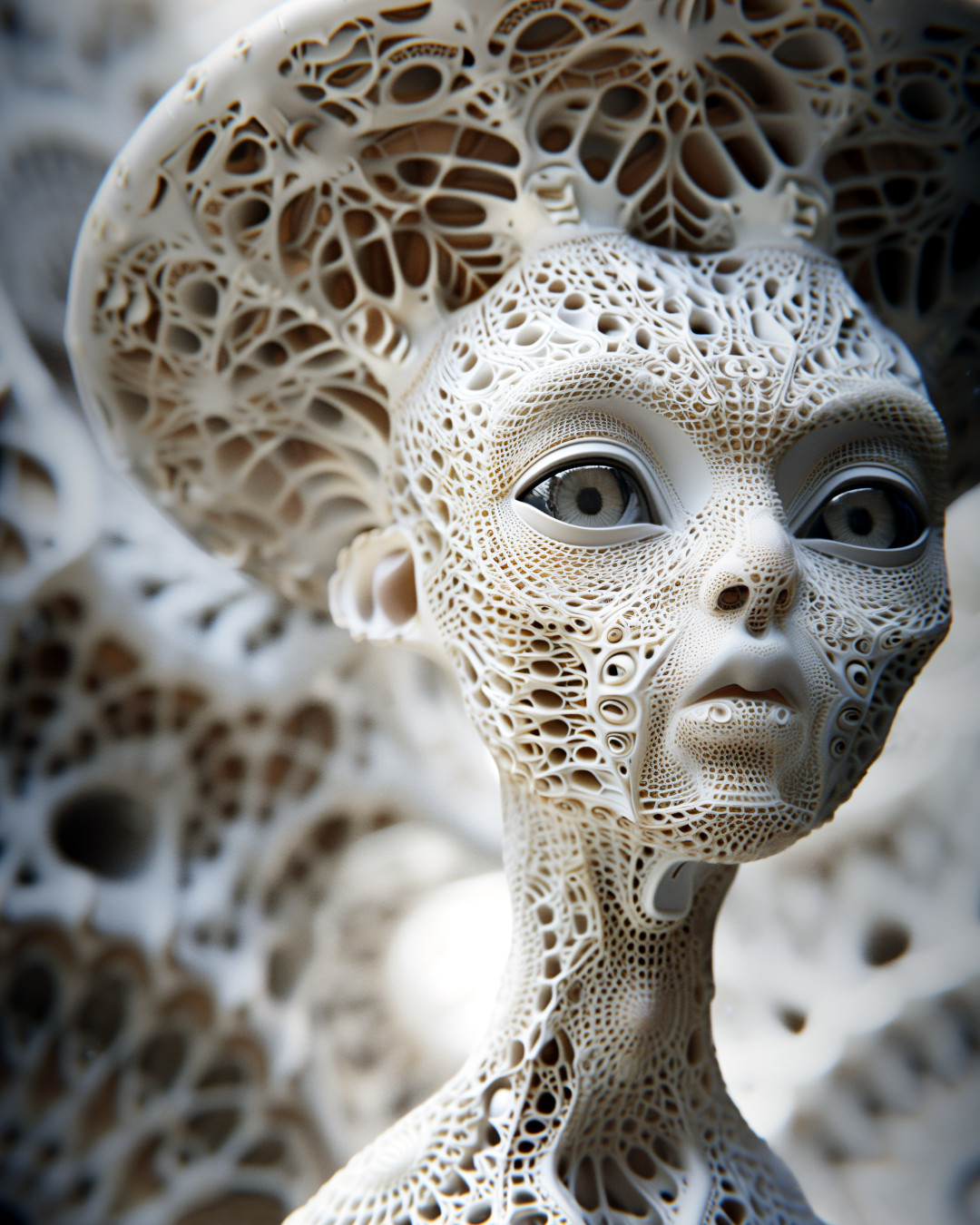 Alien made of white porcelain, organic latticework, strange environment