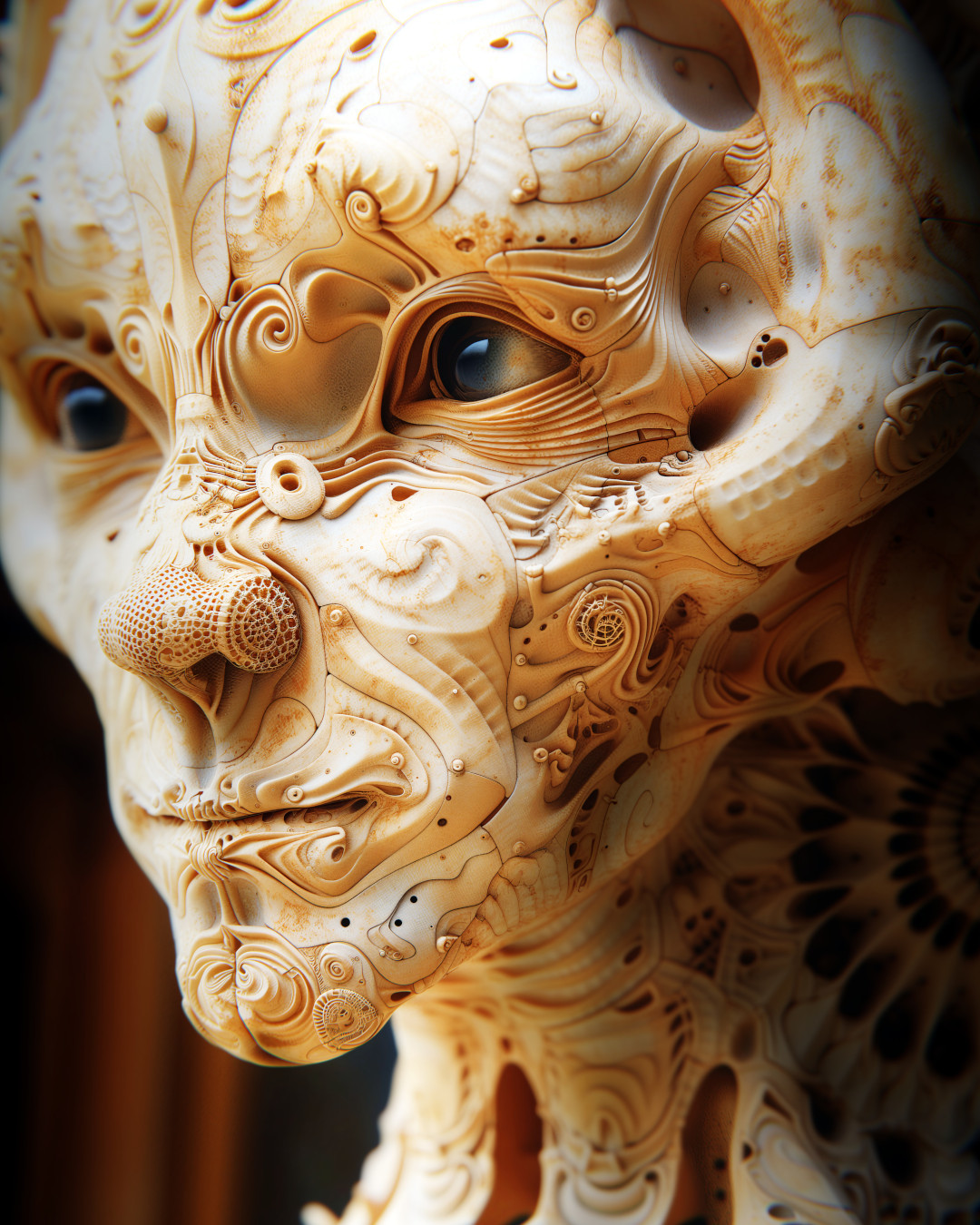 Face of an alien, surrealistic biomechanics, porcelain