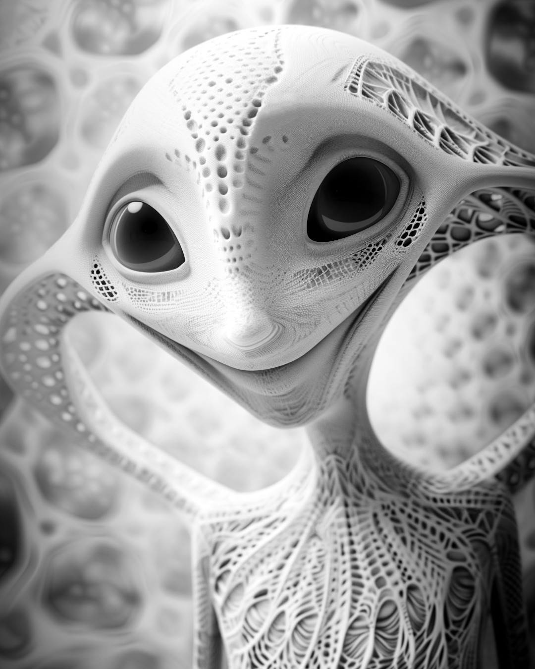 Cute alien, with big eyes and a happy expression, in black and white