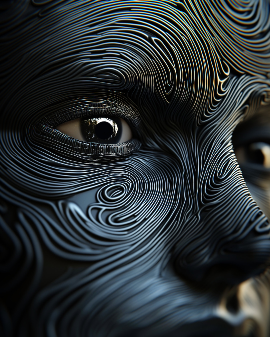 Face made from black lines, swirls, and spirals; hyper-realistic photography