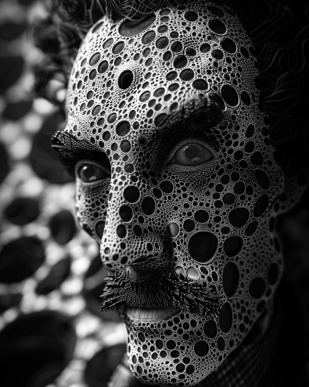 
      Surrealist man, dotted patterns, dark and grey