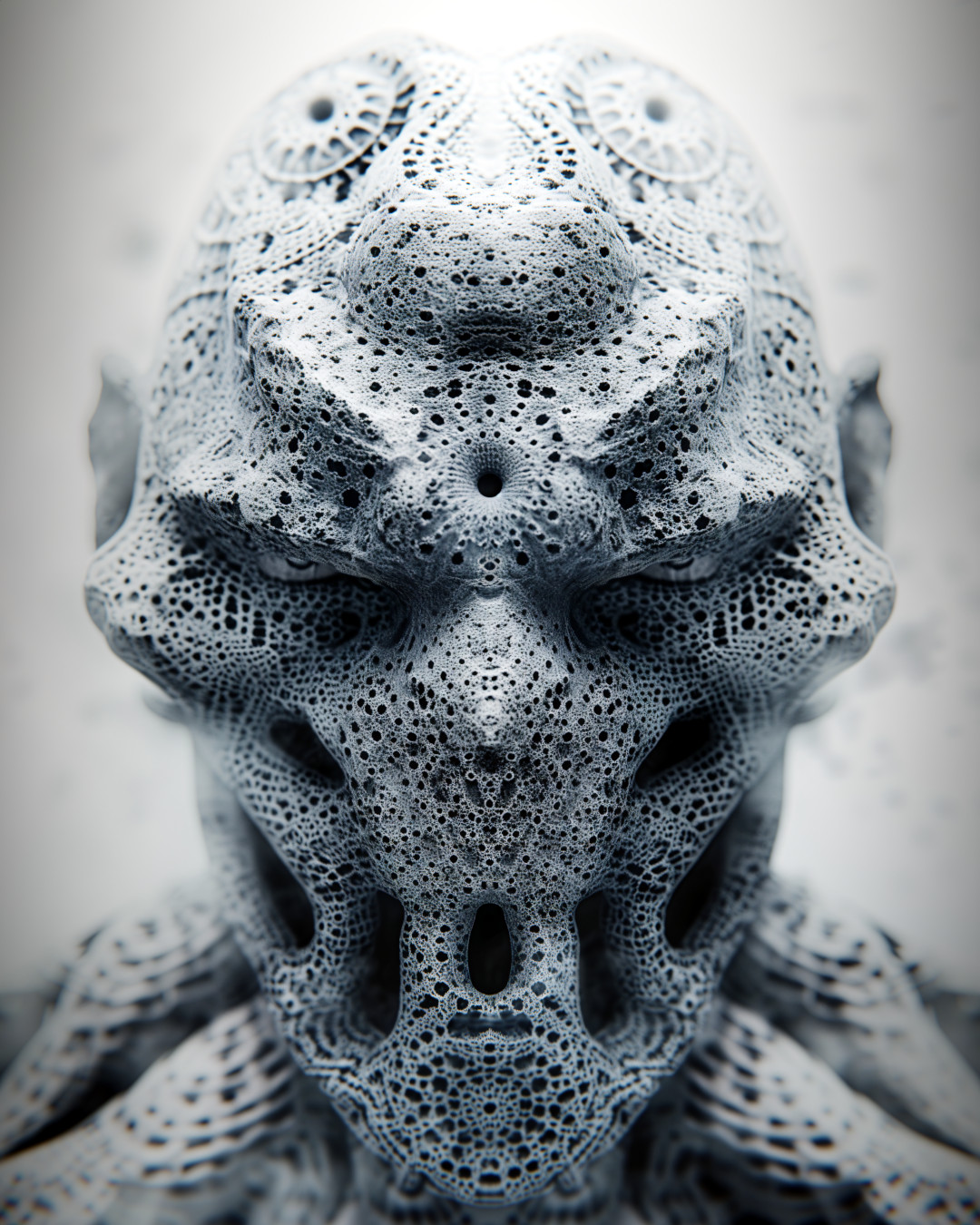 Gray and white alien; biological fractal skin; portrait photograph