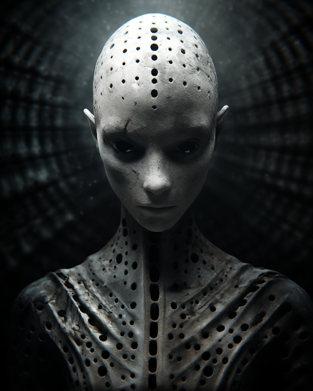 Alien woman, dressed in metal with holes, silver and black
