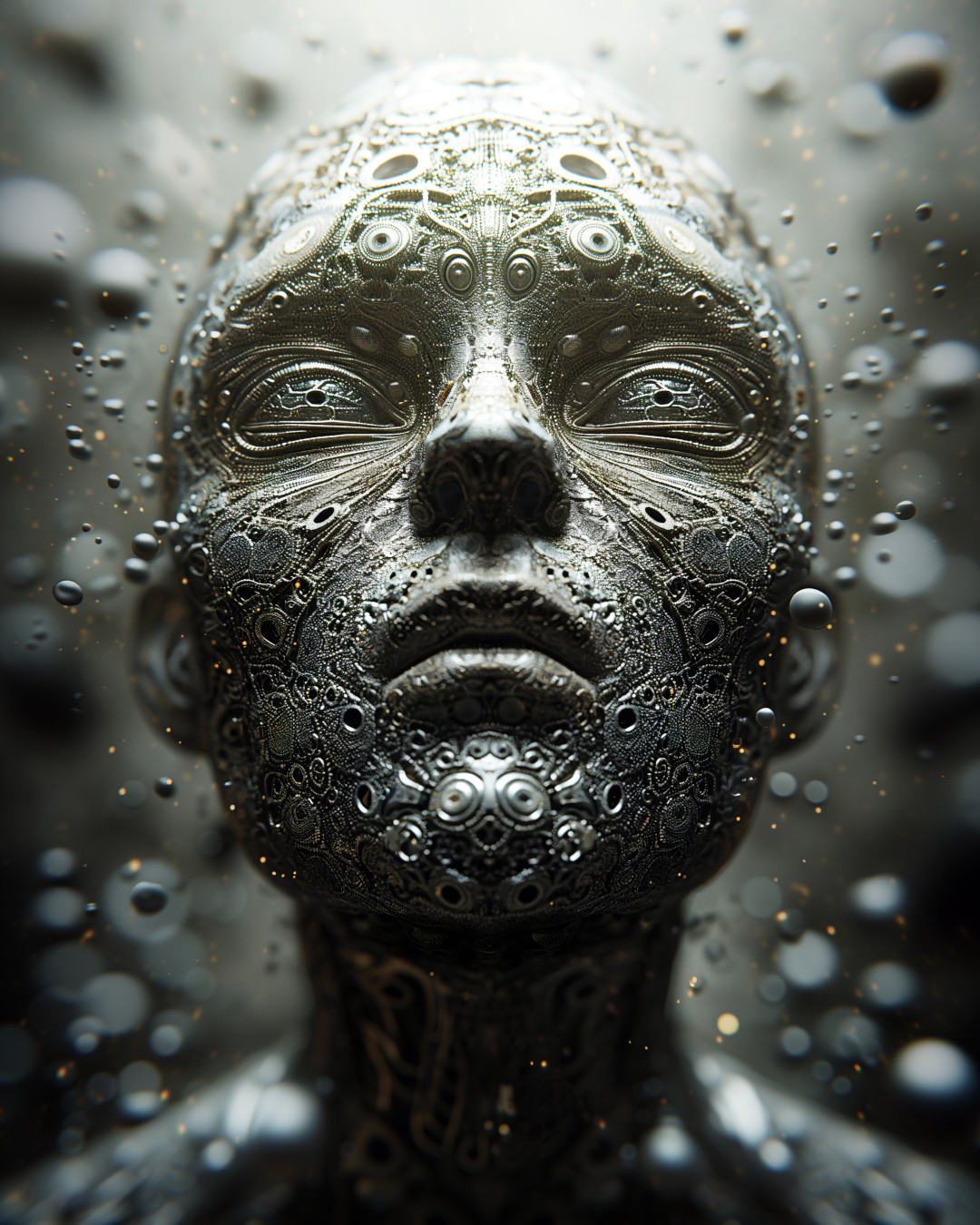Futuristic face with bubbles, intricate patterns, dark silver and light gold