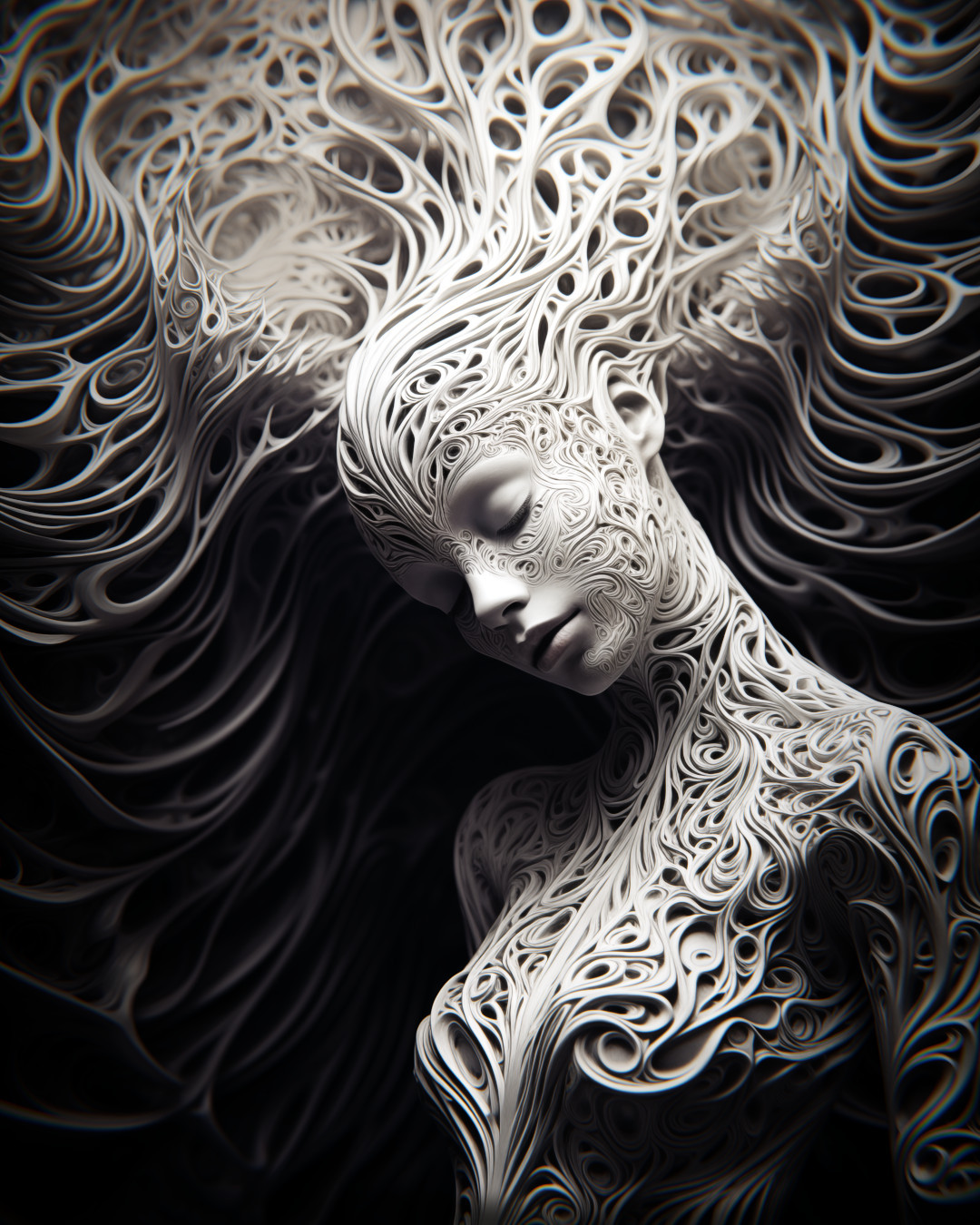 Woman with long hair, organic flowing lines, dark and intricate