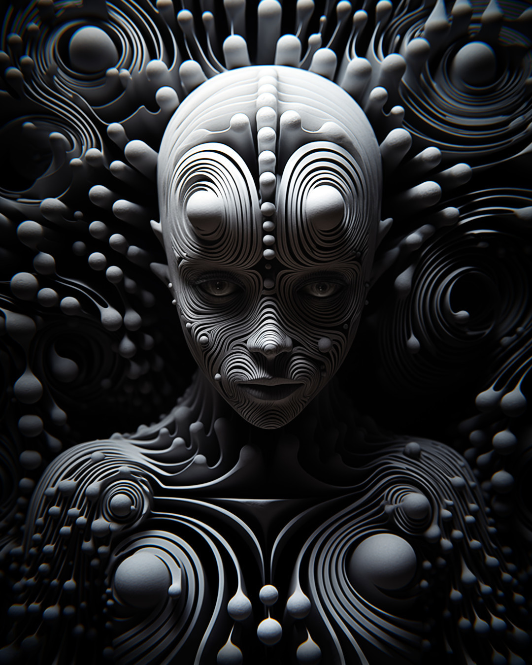 Otherworldly female with swirls and spheres, symmetrical, dark and intricate