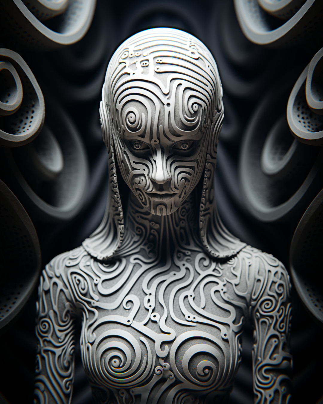 Woman with intricate patterns, spirals and curves, dark white and gray