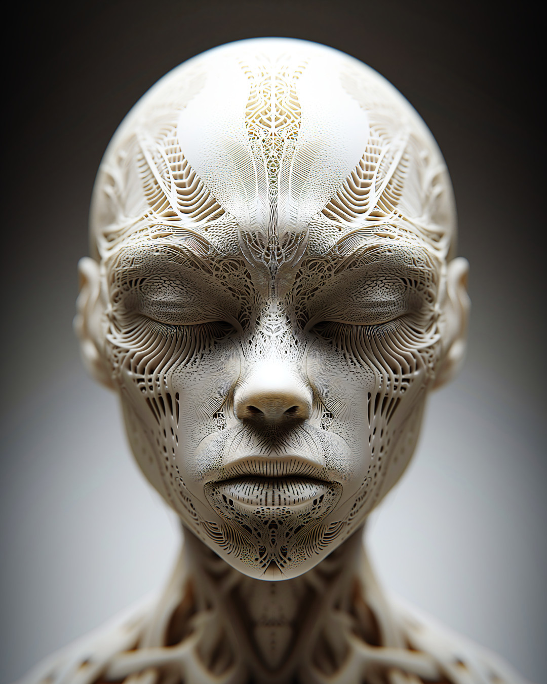 Meditating alien, intricate patterns, dark white and light gold