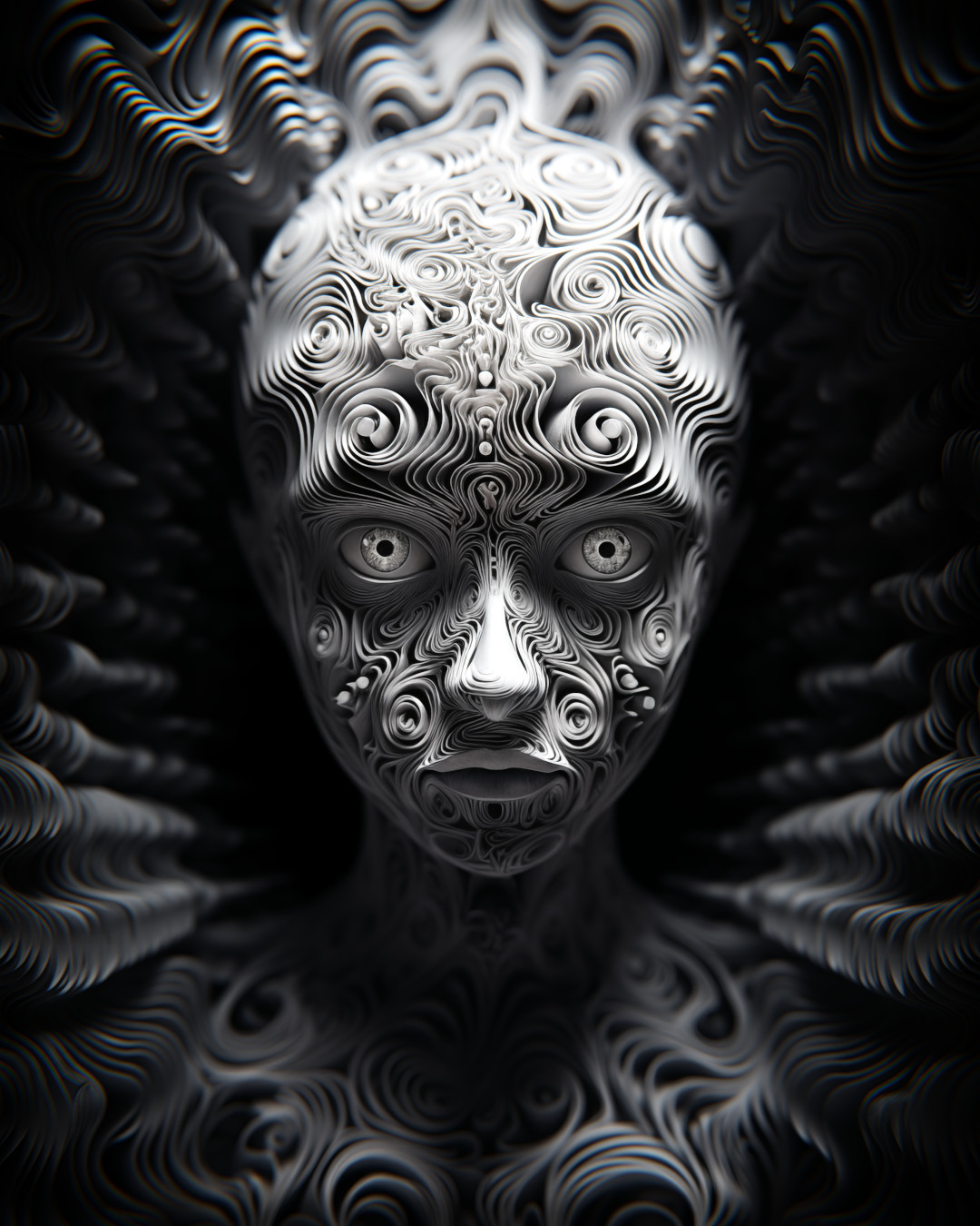 Surprised girl, intricate patterns, silver and black