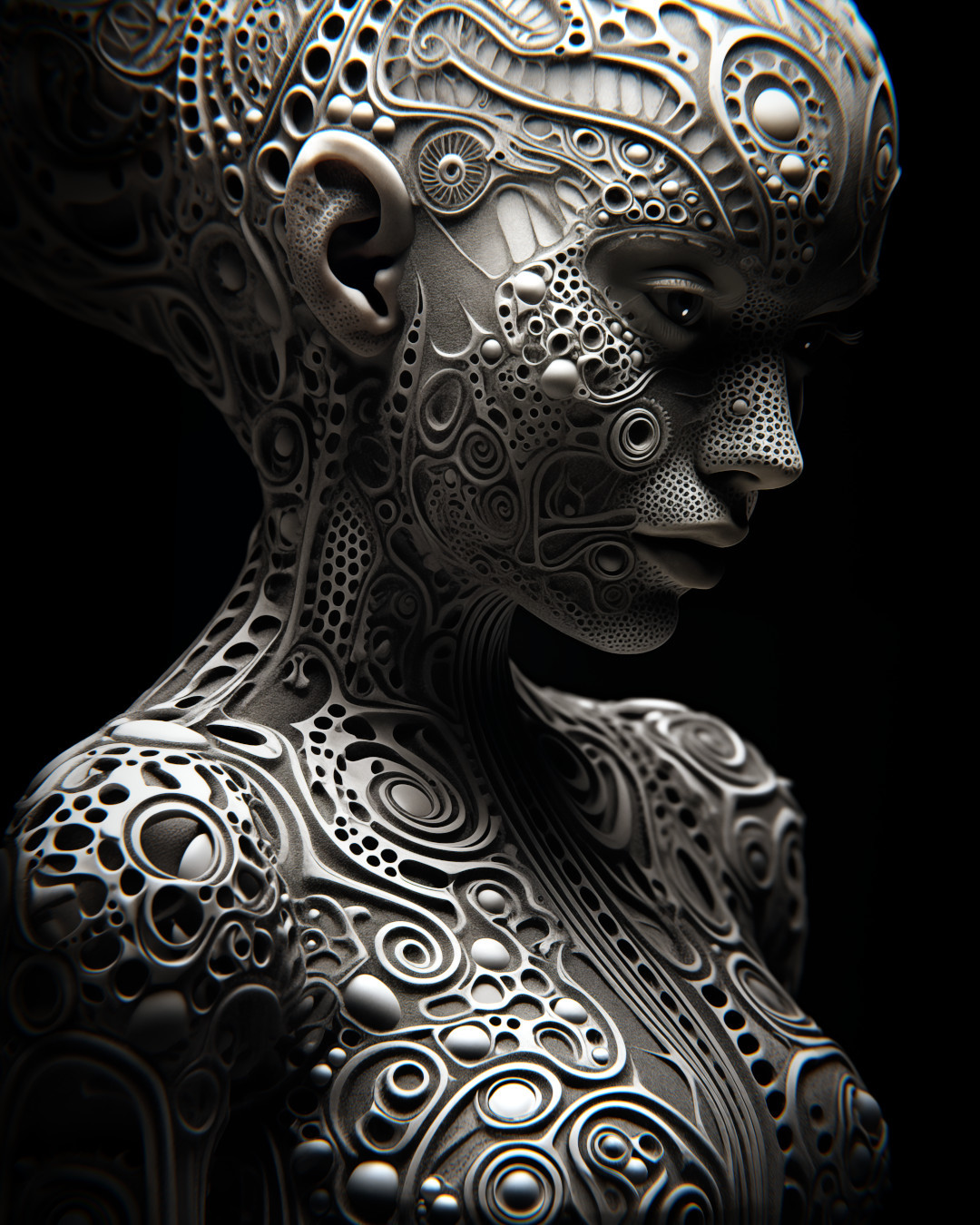 Futuristic engraved body, intricate patterns, dark and light silver