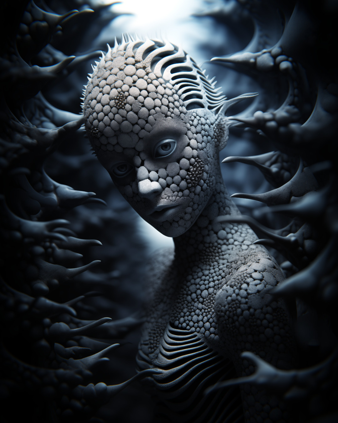 Alien woman, organic biomorphic form, dark silver and sky-blue