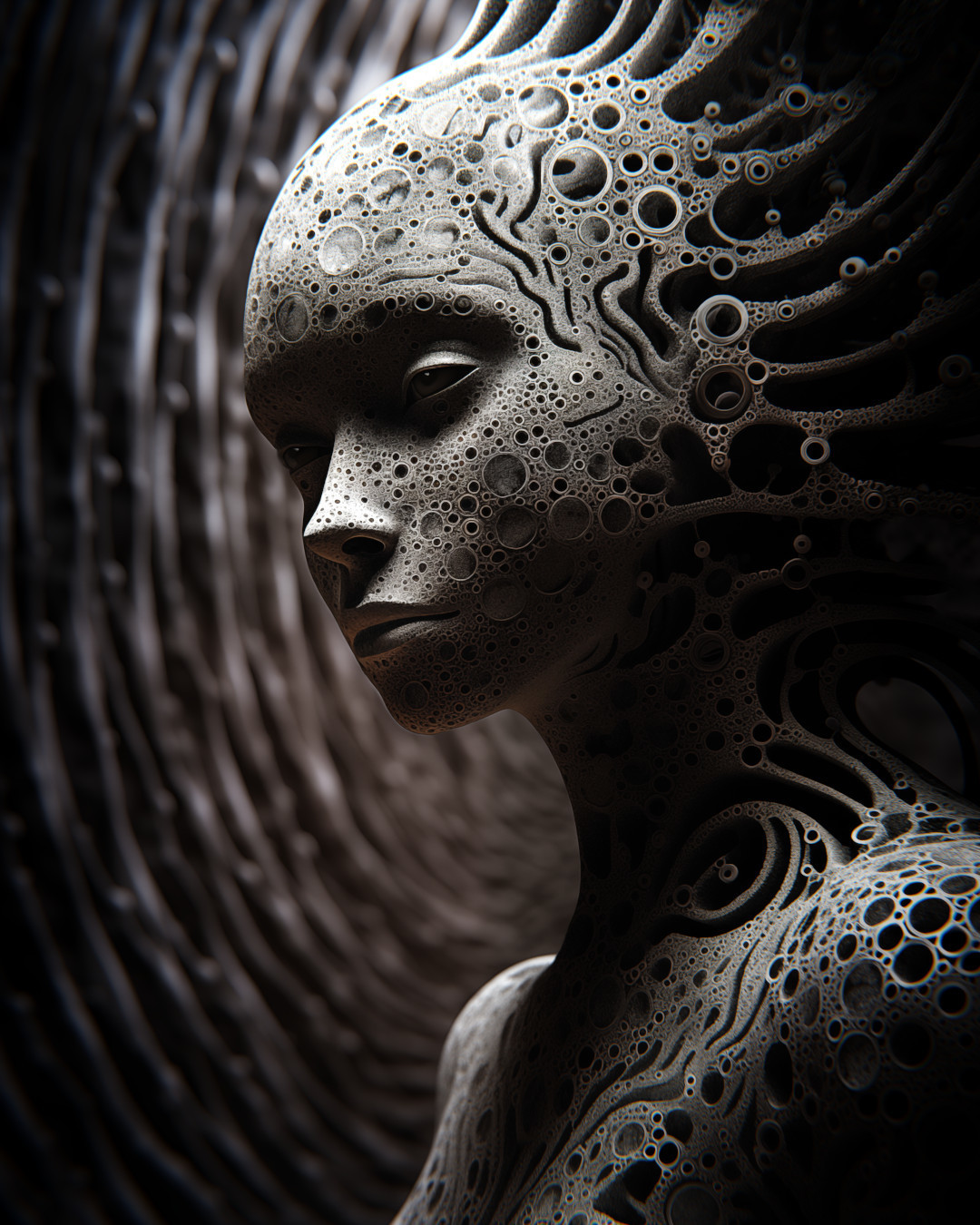Female humanoid with fractal patterns, organic sculpting, dark silver and beige