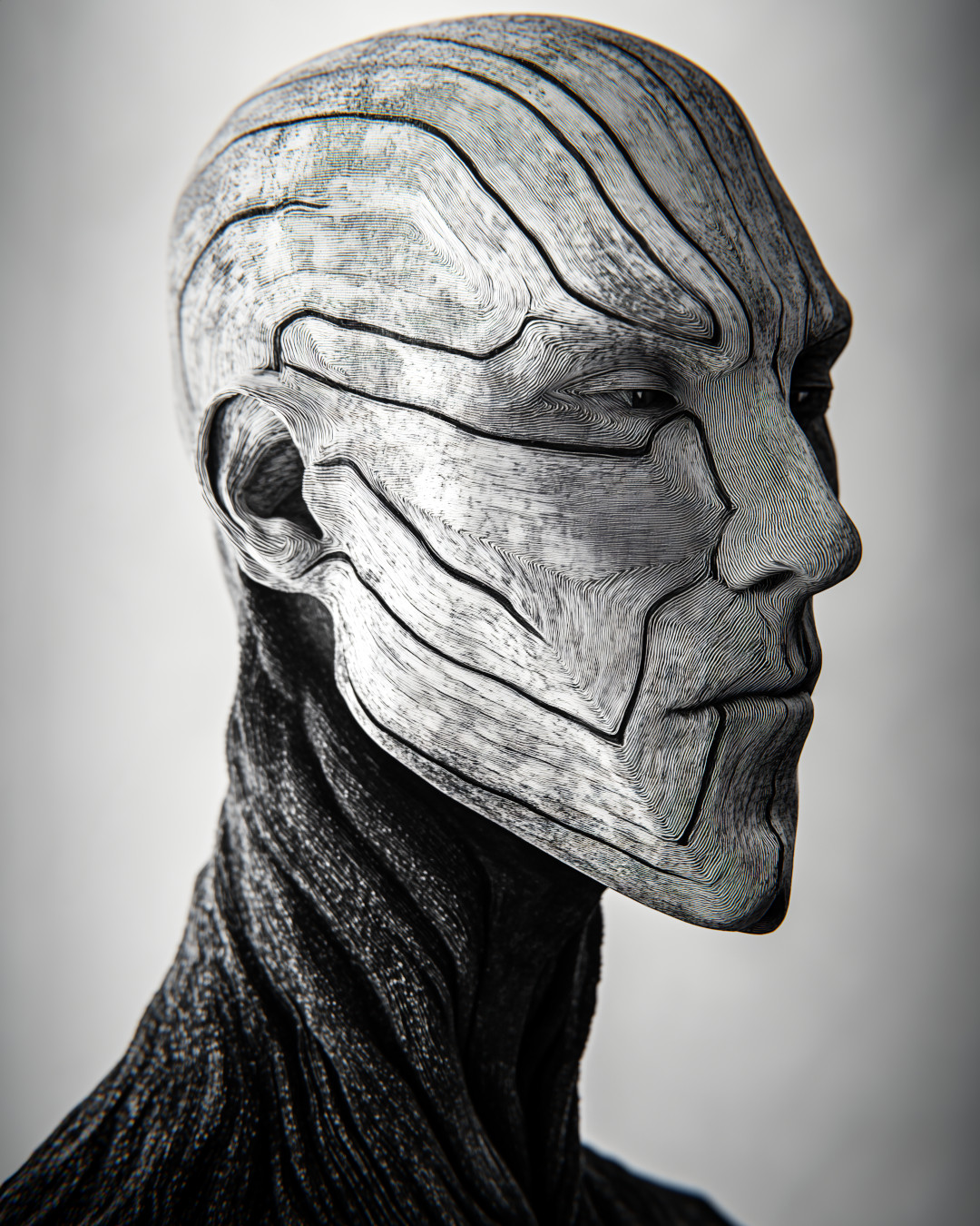 Portrait of grey alien; striped skin; isolated on a plain background