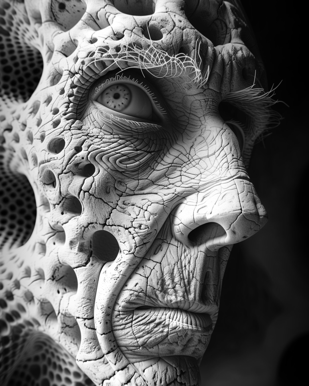 
      White clay creature, covered in geometric fractal patterns, surrealistic art style