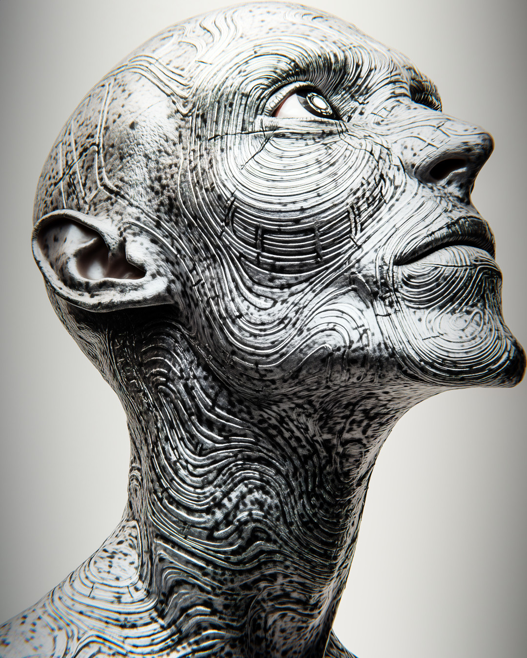 Close-up portrait of an alien made from silver; intricate patterns; studio lighting