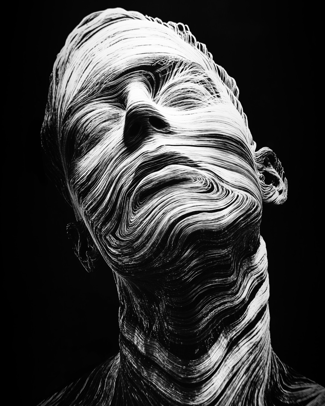 Face made up of swirling lines; monochromatic