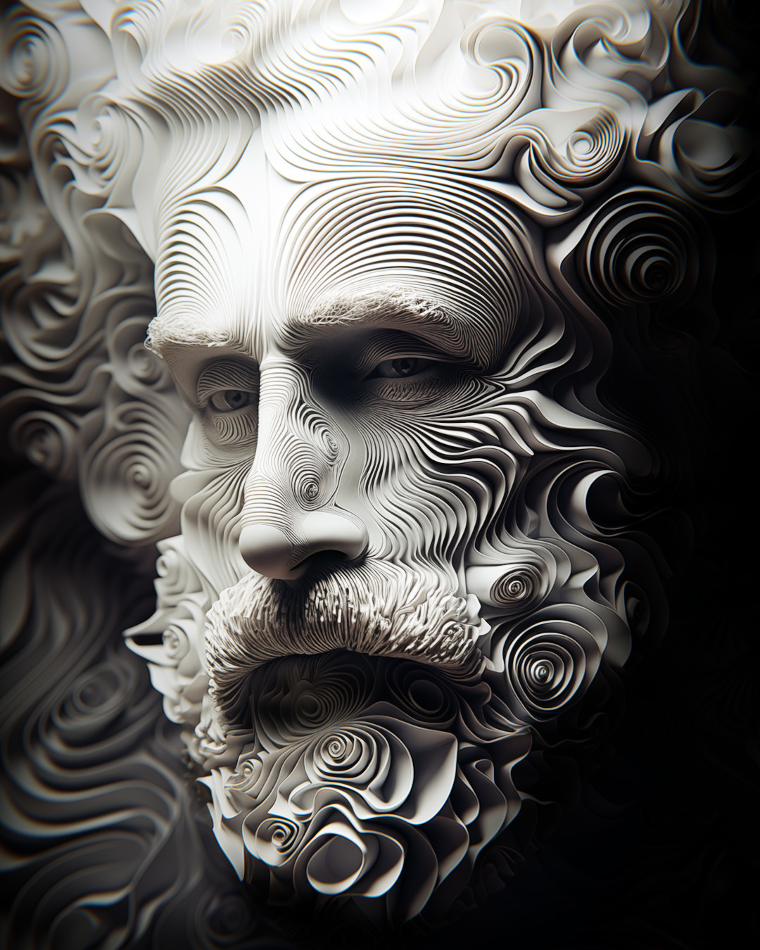 Bearded man, spirals and curves, black and white
