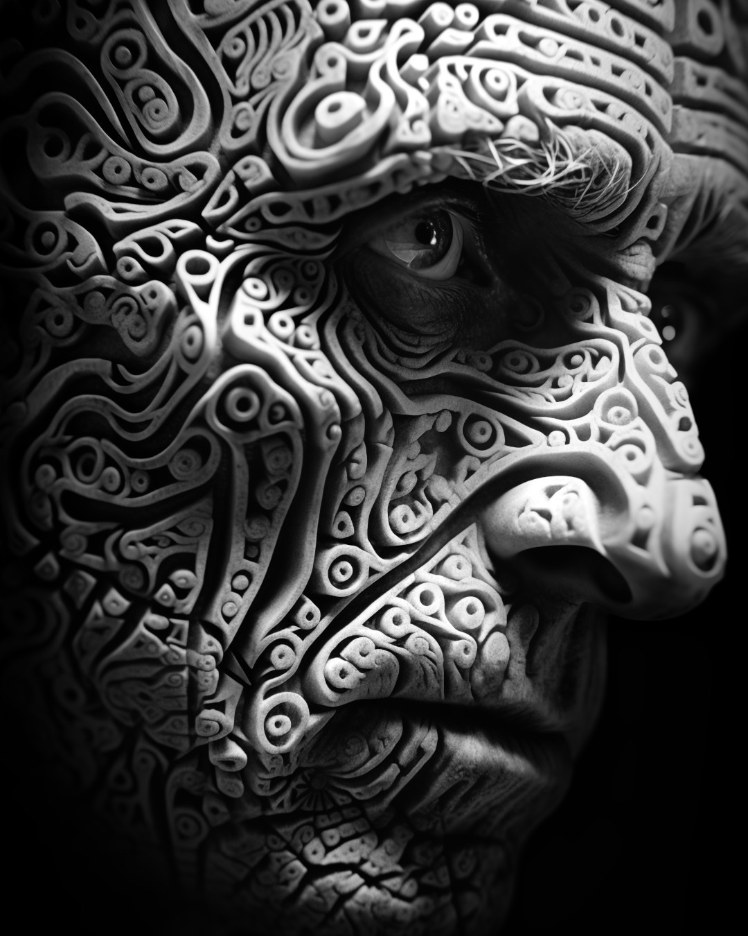 Carved face, intricate patterns, detailed monochrome