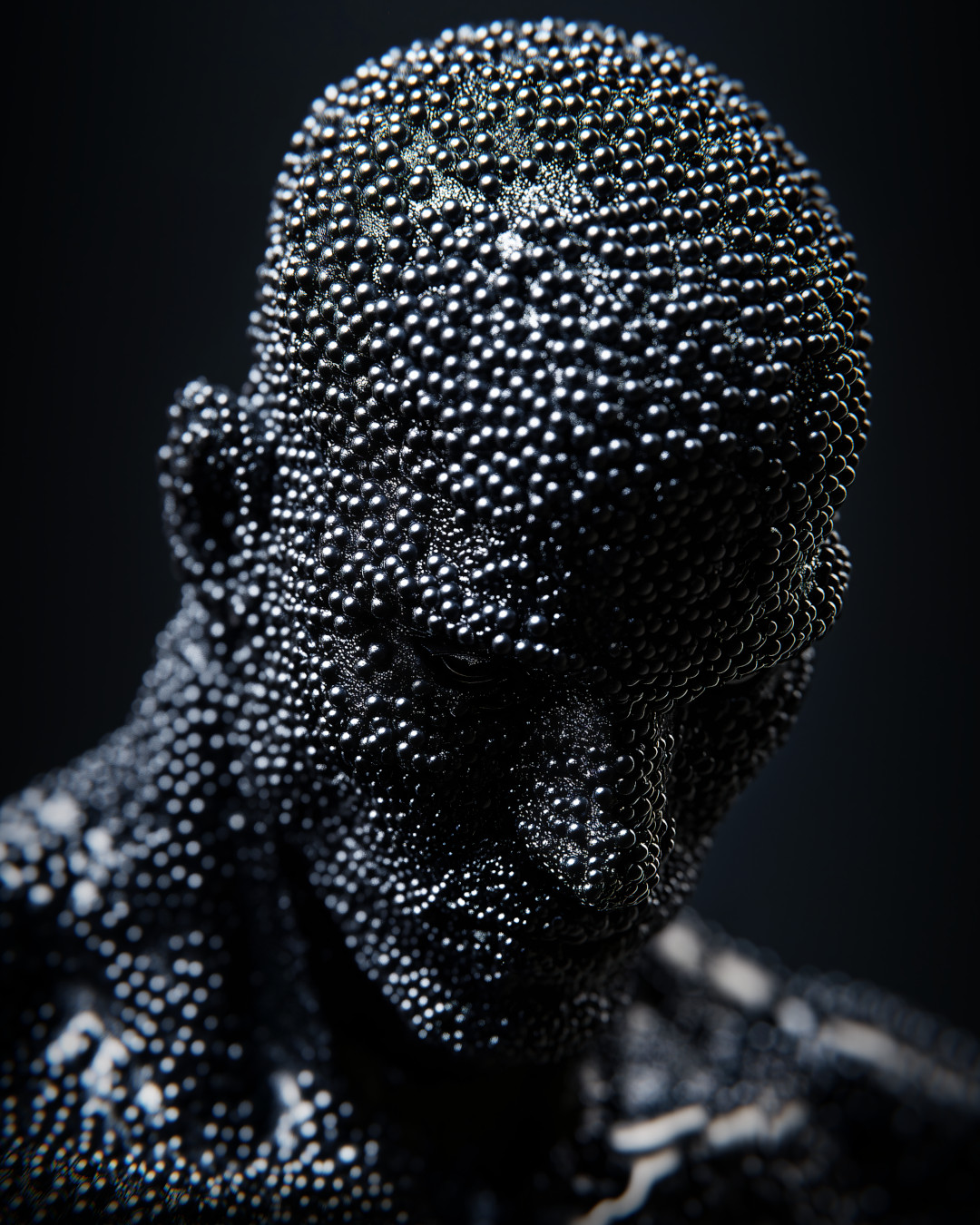 Man made from black glass beads; surreal effect; black and white